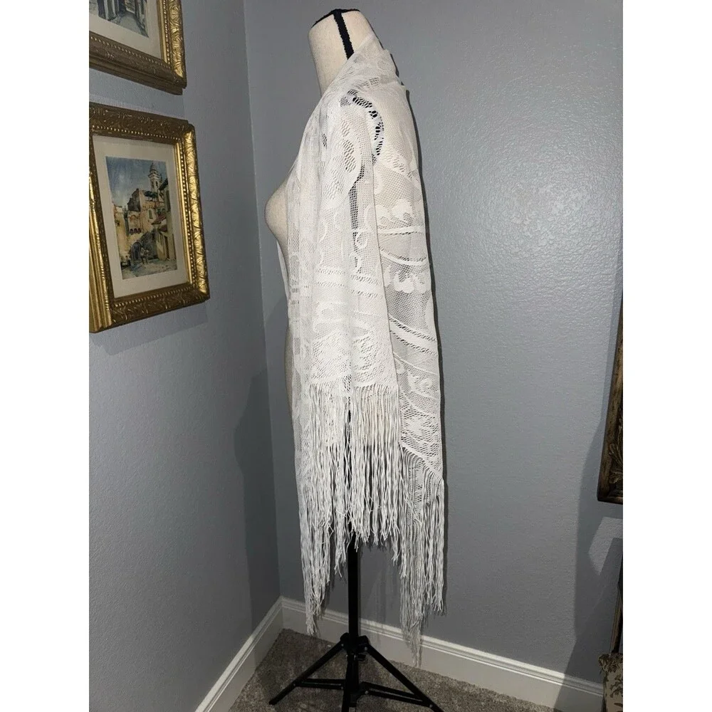 Vintage White Lace Fringe Boho Scarf 72x43” Shawl Bridal Festival Stevie Nicks